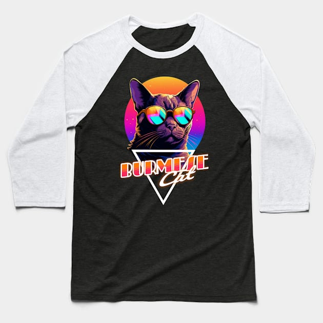 Retro Wave Burmese Cat Miami Shirt Baseball T-Shirt by Miami Neon Designs